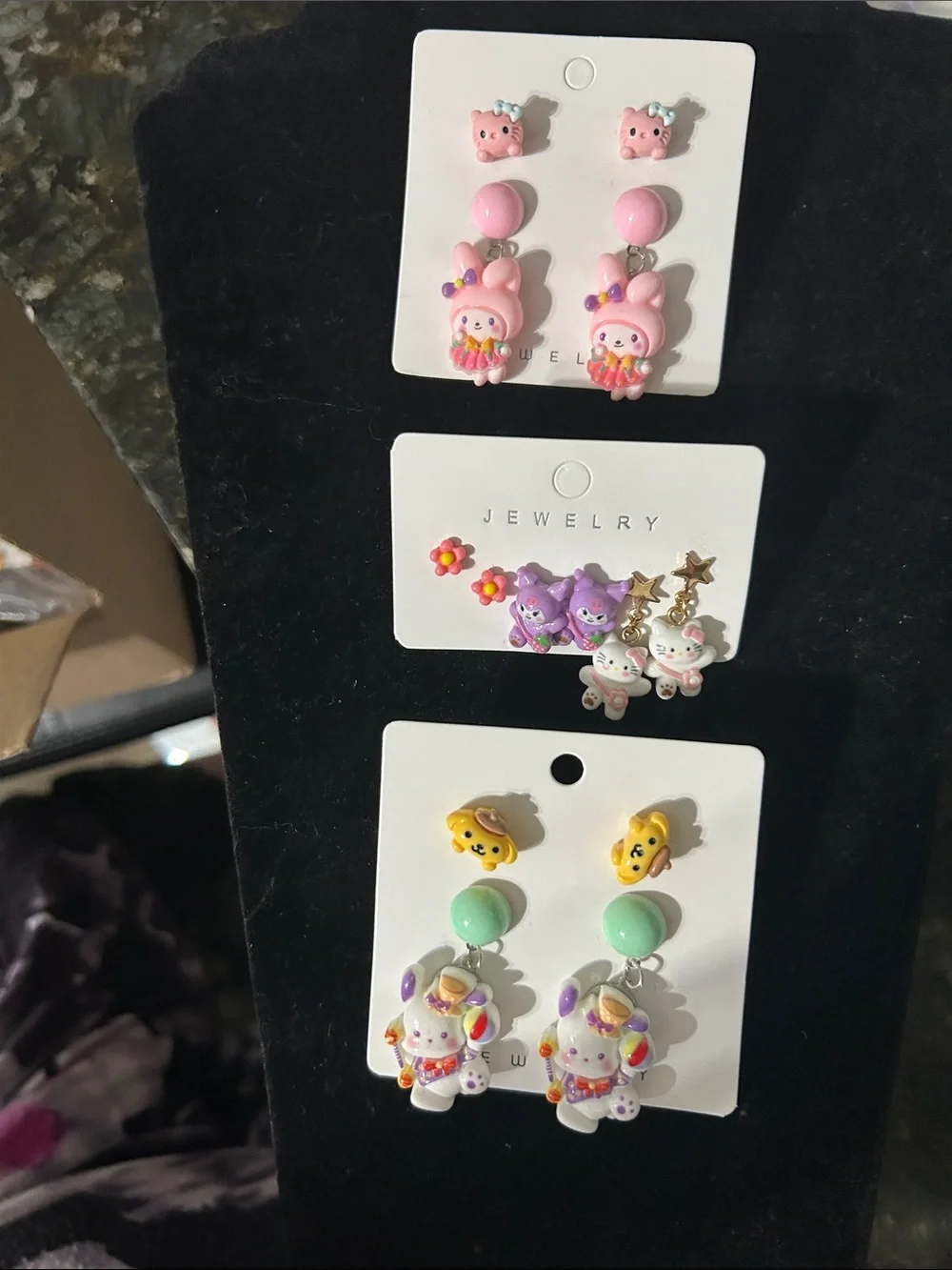 Fashion Jewelry Pink, Purple & Mint Cute Character Dangle Earring Set for Kids